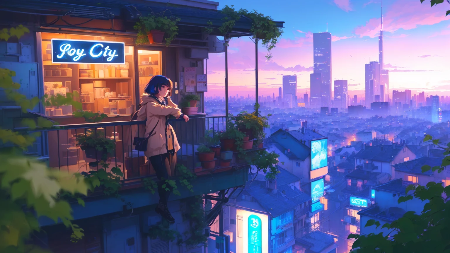 anime girl on balcony looking at city skyline at night, lofi girl, Arte Lofistyle, arte digital Ilya Kuvshinov, atey ghailan 8k, paisagem de Ilya Kuvshinov, overlooking a modern city, don't atey ghailan style, estética lofi girl, lofi art, inspired by Atey Ghailan, inspired by Liam Wong