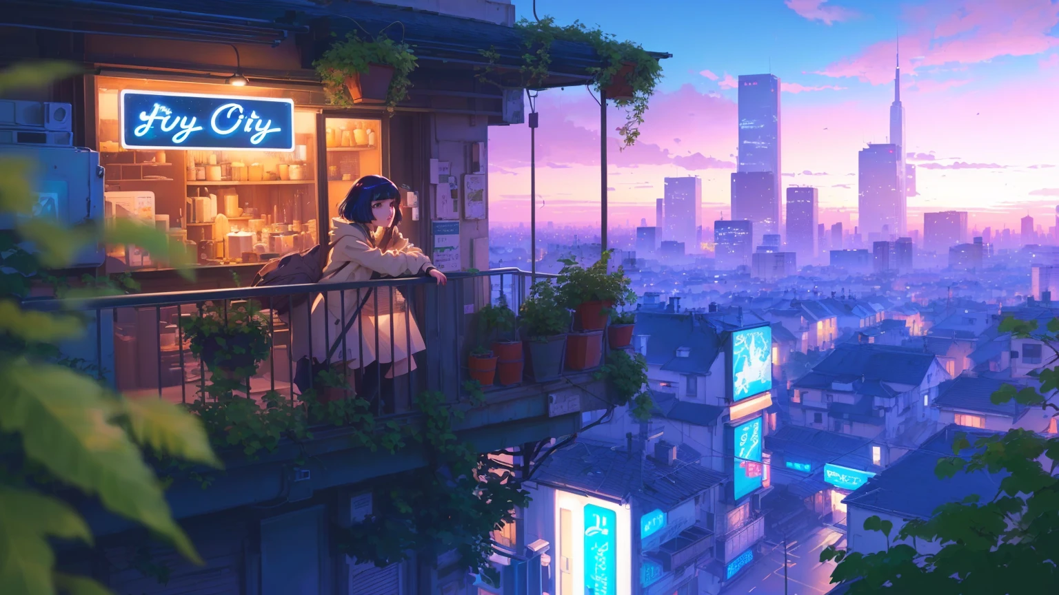 anime girl on balcony looking at city skyline at night, lofi girl, Arte Lofistyle, arte digital Ilya Kuvshinov, atey ghailan 8k, paisagem de Ilya Kuvshinov, overlooking a modern city, don't atey ghailan style, estética lofi girl, lofi art, inspired by Atey Ghailan, inspired by Liam Wong