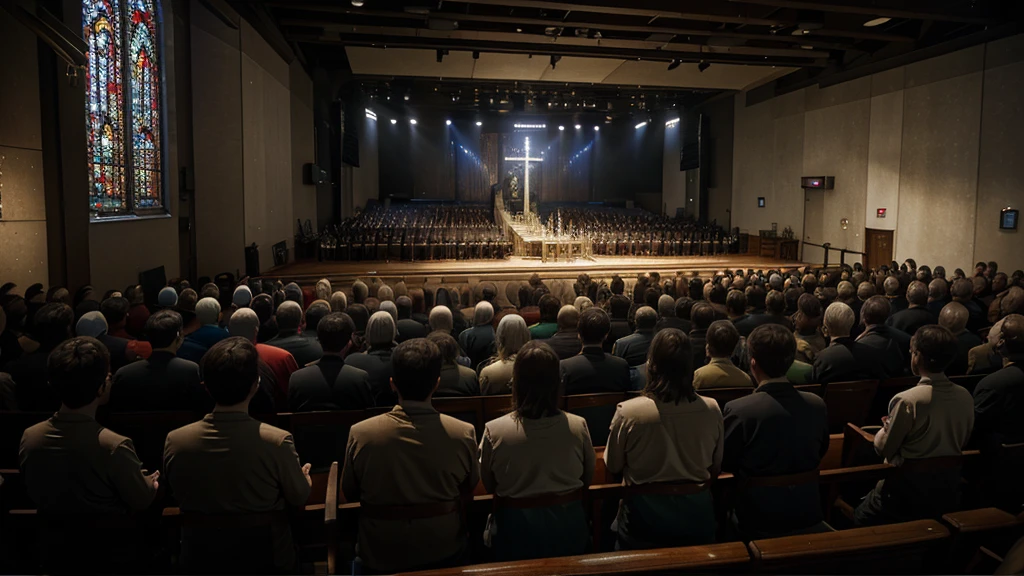 A worship service where the congregation looks confused and disheartened, with theologically shallow or misleading lyrics on the screen. The tense and uncertain atmosphere reflects the negative impact of poor theology in worship, realistic photography style --ar 21:9 --style raw