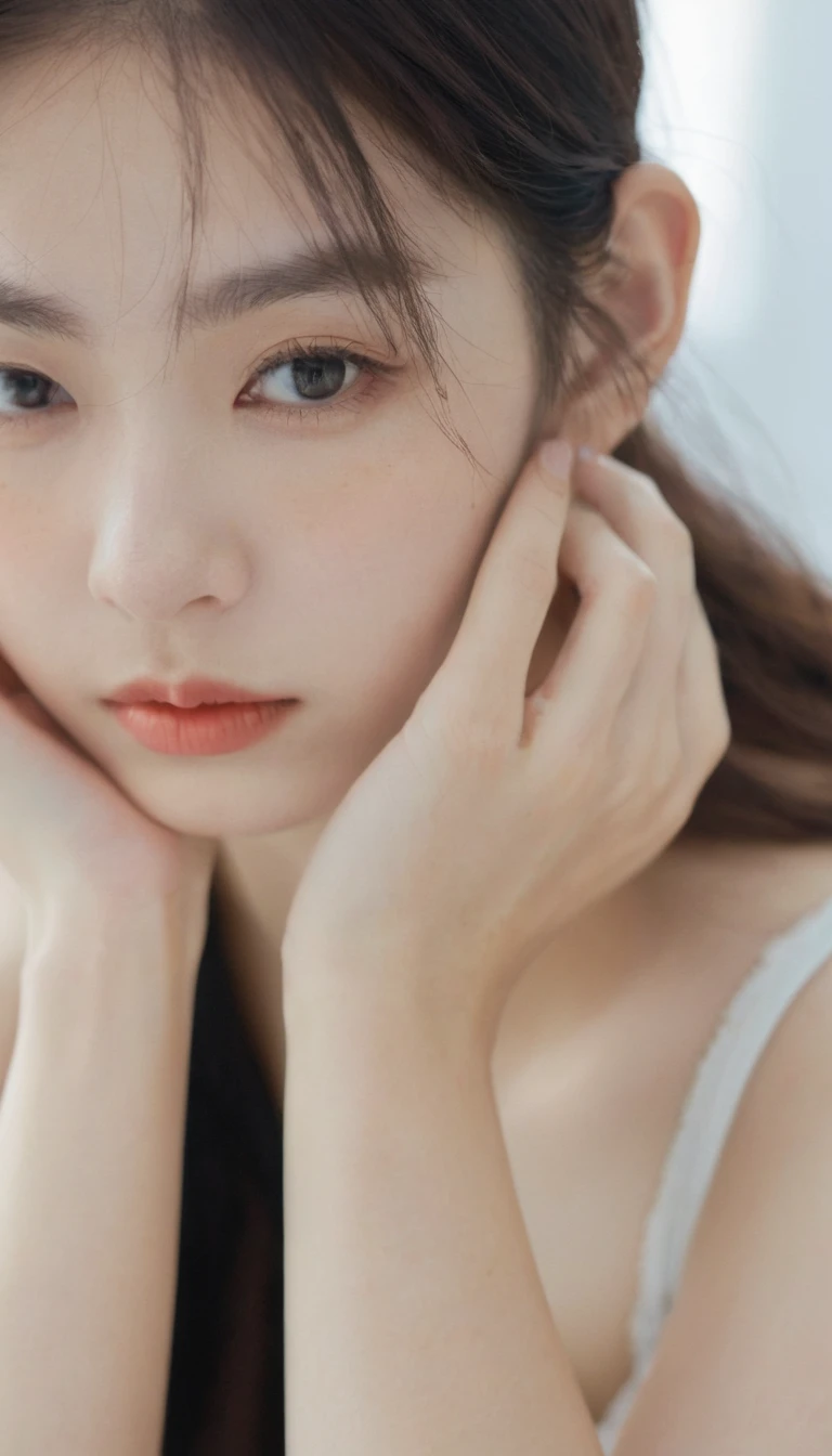 xxmixgirl, Analog Style, Eye focus, Highest quality, (Very detailed skin), Exquisitely beautiful white skin photos, 21 years old, Perfect Face, Captivating eyes, (Seductive makeup: 1.3), Skin pores, (Bokeh:1.5), Sharp focus, Dappled Lighting, (Backlight), Film Grain, (Very detailed, Exquisitely crafted), 8K, High resolution, Front view, Studio Light, Very detailed顔, Fine grain, (double eyelid: 1.4), Aristogle, Brown eyes, (commercial: 1.6), (Natural Makeup), ((White studio background: 2))、Summery white fashion、

