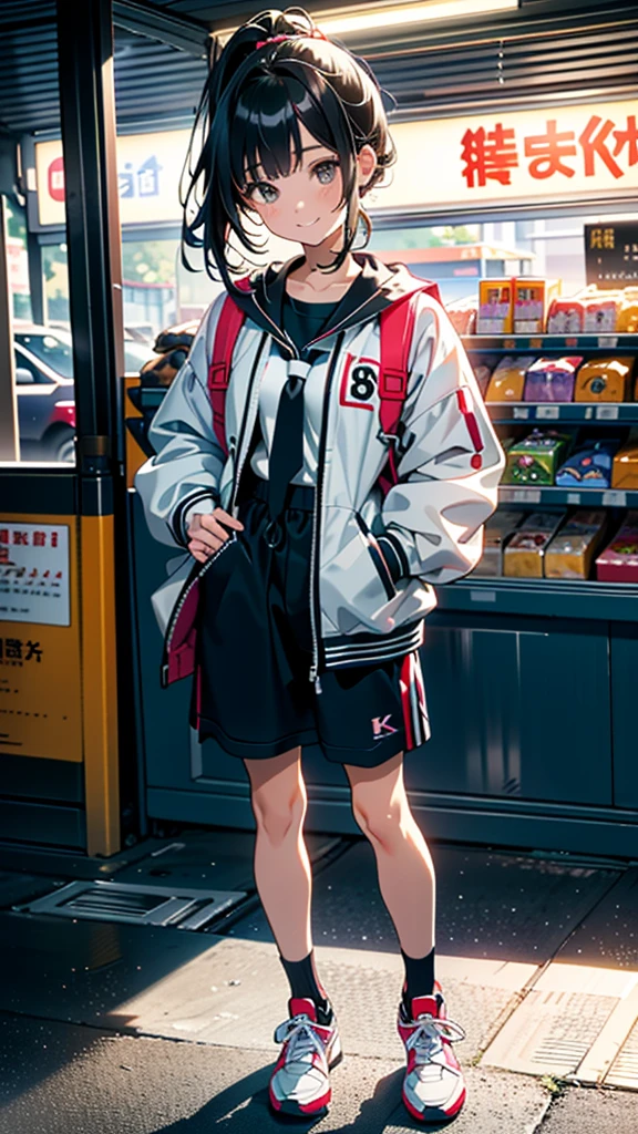 (8K, RAW Photos, 最high quality, masterpiece:1.2), high qualityのRAWカラー写真, Professional photo shoot, Cinematic Light, alone, (((young woman, Gal))), (Sharp features), (Small face), (Skin with attention to detail:1.2), clavicle, Cute face, Beautiful appearance, Long eyelashes,Girl Turning Around, smile, (Black Hair, Long straight line),  Jersey wear, Tracksuits, sneakers, Backpack,  Night Park, Confident attitude, Capture the happy moment, Artistic painting,Attractive thighs, (A very fine touch:1.2), (はにかんだsmile), Peaceful atmosphere, Oil painting style, Bright colors, (Are standing:1.5, Inside a convenience store, Full body portrait), Smooth texture, Gazing Eyes, Beautiful Skin, Shiny skin, ((Perfect Fingers, Five Fingers, Anatomically correct)), Background Blur, high quality, Surreal, ((Very detailed, photo shoot)),A large number of people、blush、plump、Black Hair、Tie-up hair、ponytail