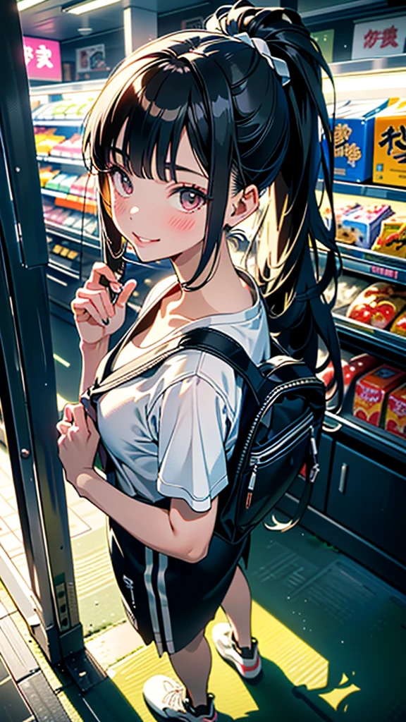 (8K, RAW Photos, 最high quality, masterpiece:1.2), high qualityのRAWカラー写真, Professional photo shoot, Cinematic Light, alone, (((young woman, Gal))), (Sharp features), (Small face), (Skin with attention to detail:1.2), clavicle, Cute face, Beautiful appearance, Long eyelashes,Girl Turning Around, smile, (Black Hair, Long straight line), Jersey wear, Tracksuits, sneakers, Backpack, Night Park, Confident attitude, Capture the happy moment, Artistic painting,Attractive thighs, (A very fine touch:1.2), (はにかんだsmile), Peaceful atmosphere, Oil painting style, Bright colors, (Are standing:1.5, Inside a convenience store, Full body portrait), Smooth texture, Gazing Eyes, Beautiful Skin, Shiny skin, ((Perfect Fingers, Five Fingers, Anatomically correct)), Background Blur, high quality, Surreal, ((Very detailed, photo shoot)),A large number of people、blush、plump、Black Hair、Tie-up hair、ponytail