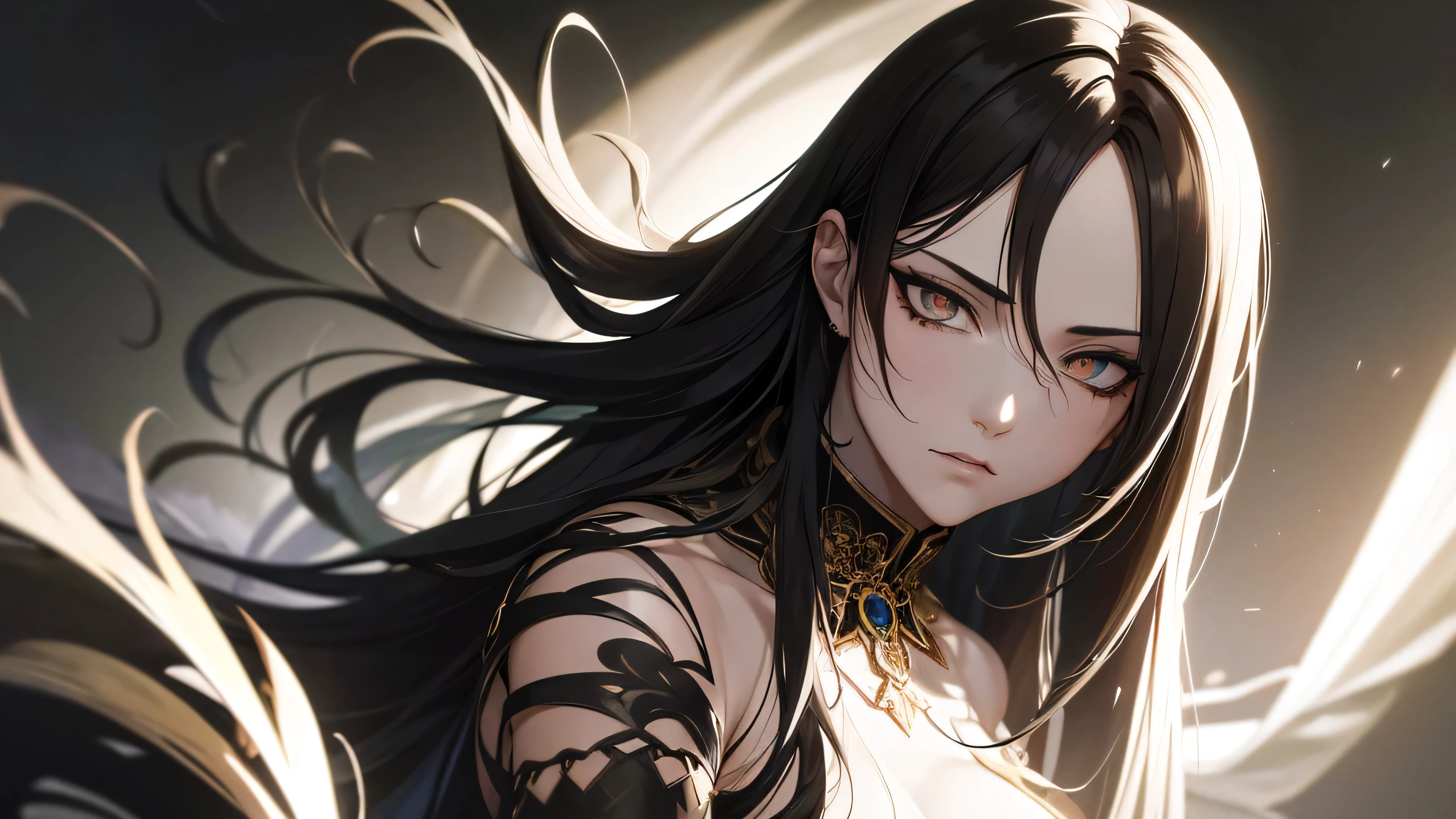 a detailed anime style character, dramatic lighting, sharp shadows, mysterious, moody atmosphere, highly detailed face and features, piercing eyes, expressive expression, flowing hair, intricate clothing, ornate accessories, dramatic pose, cinematic lighting, dark color palette, chiaroscuro lighting, dramatic shadows, deep blacks, detailed textures, photorealistic, masterpiece, high resolution, 8k, best quality