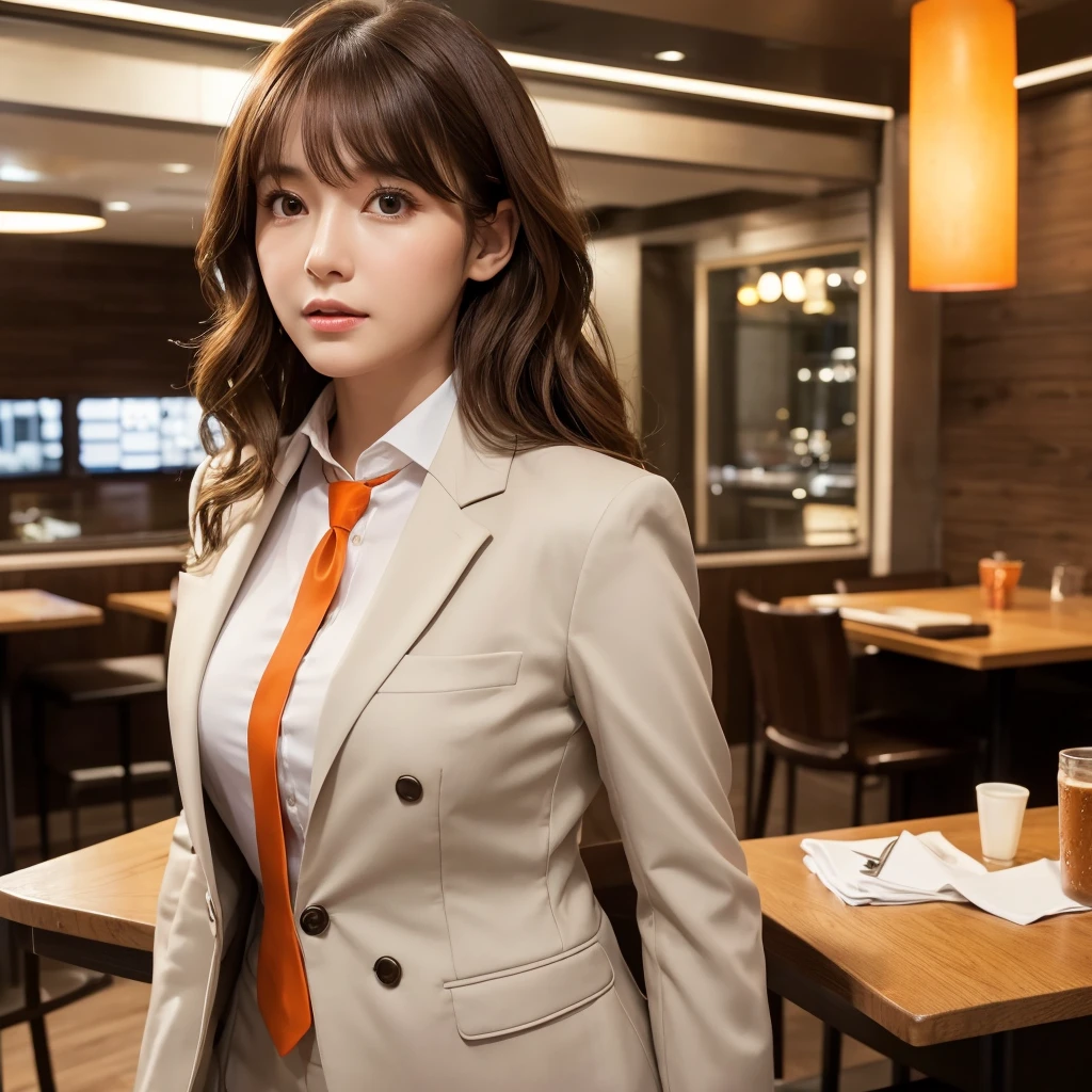 Looking up、head tilt,looking at viewer, Realistic, real person, (pale skin: 1.2), RAW photo, photorealistic, shiny skin, shiny hair、 (A 35-year-old woman with medium-length hair and bangs) and (wavy hair) and (brown hair) and (Orange Eyes) (Wearing a business suit:1.5) and (Wearing a white collared shirt) 、blush,The background is the interior of a restaurant at night.
