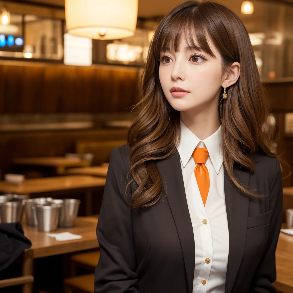 Looking up、head tilt,looking at viewer, Realistic, real person, (pale skin: 1.2), RAW photo, photorealistic, shiny skin, shiny hair、 (A 35-year-old woman with medium-length hair and bangs) and (wavy hair) and (brown hair) and (Orange Eyes) (Wearing a business suit:1.5) and (Wearing a white collared shirt) 、blush,The background is the interior of a restaurant at night.