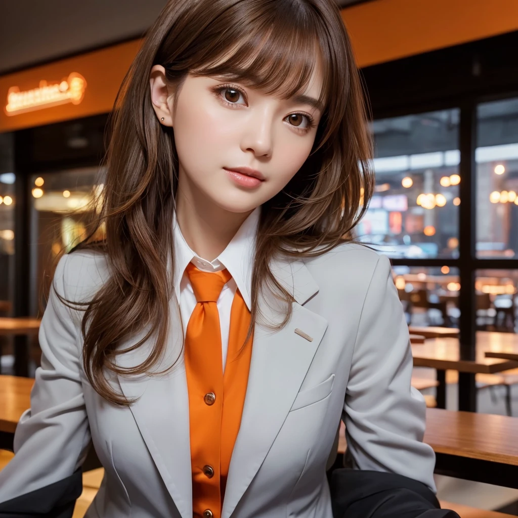 Looking up、head tilt,looking at viewer, Realistic, real person, (pale skin: 1.2), RAW photo, photorealistic, shiny skin, shiny hair、 (A 35-year-old woman with medium-length hair and bangs) and (wavy hair) and (brown hair) and (Orange Eyes) (Wearing a business suit:1.5) and (Wearing a white collared shirt) 、blush,The background is the interior of a restaurant at night.