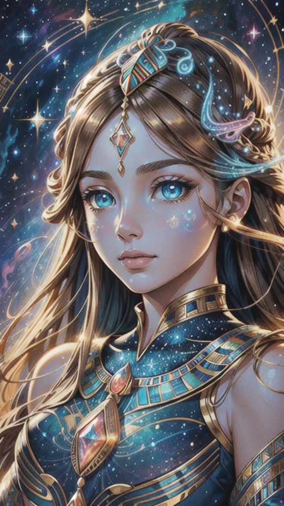 beautiful and detailed illustration, pop art, masterpiece, best quality, ultra-detailed, soft lighting, cinematic shot, vibrant colors, gorgeous colors, 1 girl, adult (elven:0.7) woman, coral eyes, brown long hair,
solo, upper body, looking away, detailed background, detailed face, (OldEgyptAI, ancient egyptian theme:1.1) living star constellation, star sign, horoscope, mythical, aquarius, geometric patterns, astral power, nebula, glow, aura, bloom, transcendence, floating particles, cosmic dust, cosmic space background, dreamlike ethereal atmosphere,
