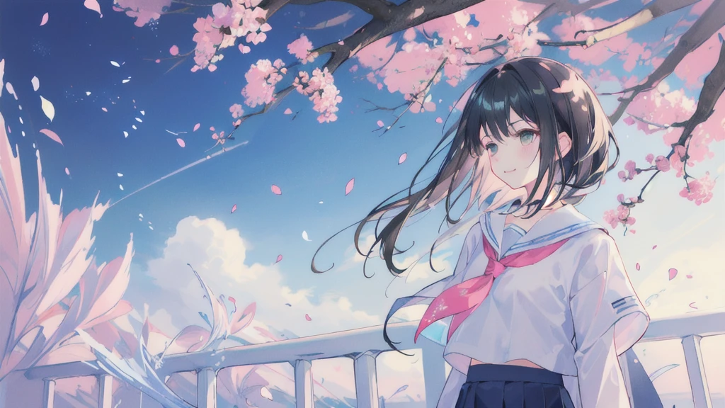 (upper_body:1.5), close, cherry_flower, Outdoor, Day, spring_\(season\), 1 Girl, smile, 一人in, 前hair, green_eye, blush, closed_mouth, looking for_in_Audience, length_hair, brown_hair, branch, eyebrow_appear_Through_hair, floining_hair,hair_between_eye, green_crew_collar, Seraphim, length_Dispel, neckerchief, pleined skirt, pink_flower, flowerびら, wood, white_shirt, Wind, handrail, null , With a guitar, whiteいハイソックスを履いてブラウンの革靴を履いている