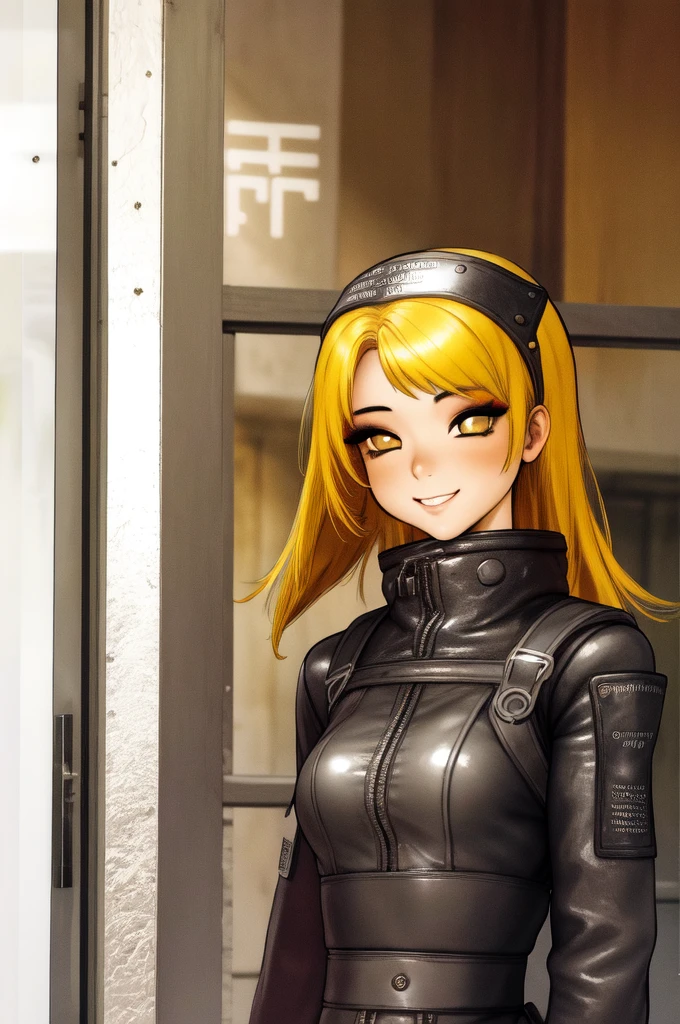 21thshirow, solo, 1girl, looking at viewer, smile, yellow hair, detailed face, outdoors