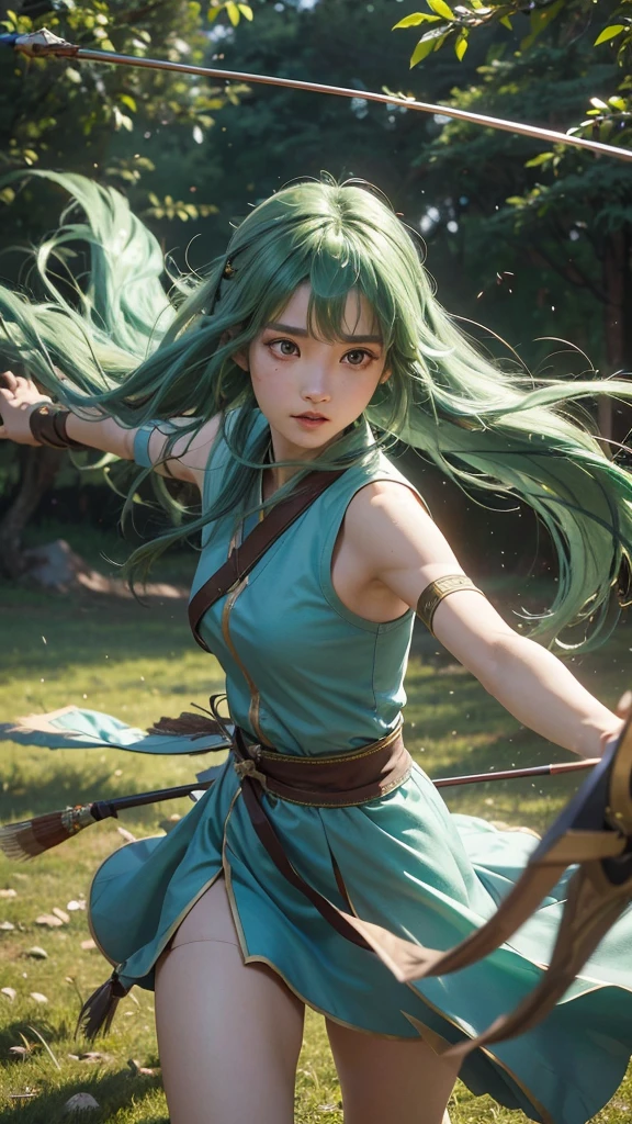 realisitic, 4K, High definition, Fuu is an exemplary student, with green hair that resembles tree leaves. Your brown eyes are always curious and observant. As the Wind Magic Warrior, your green armor is light and aerodynamic. She wields a bow with precision, shooting arrows that cut through the air like gusts of wind.