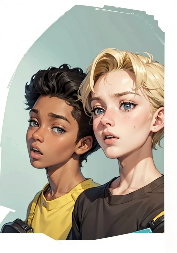 image of the faces of two teenagers, a 15-year-old black man and a 15-year-old blonde, an expression of temptation with their mouths open Facial expression of tension