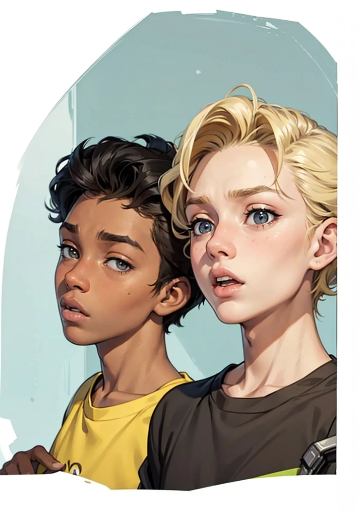 image of the faces of two teenagers, a 15-year-old black man and a 15-year-old blonde, an expression of temptation with their mouths open Facial expression of tension