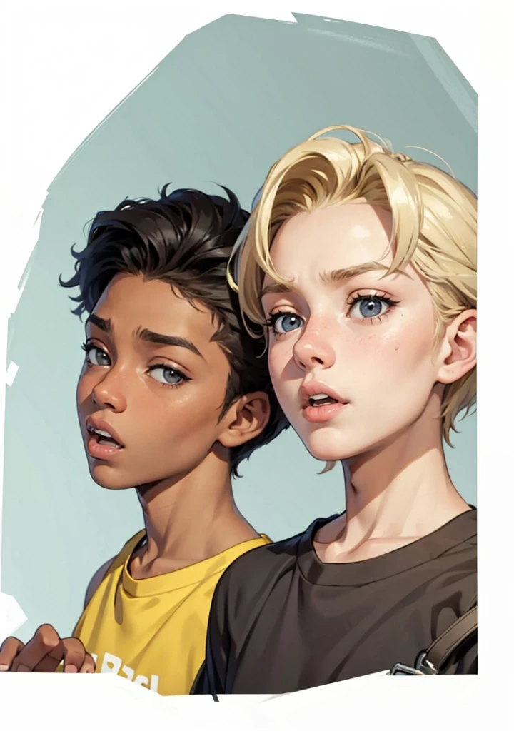 image of the faces of two agers, a 15-year-old black man and a 15-year-old blonde, an expression of temptation with their mouths open Facial expression of tension