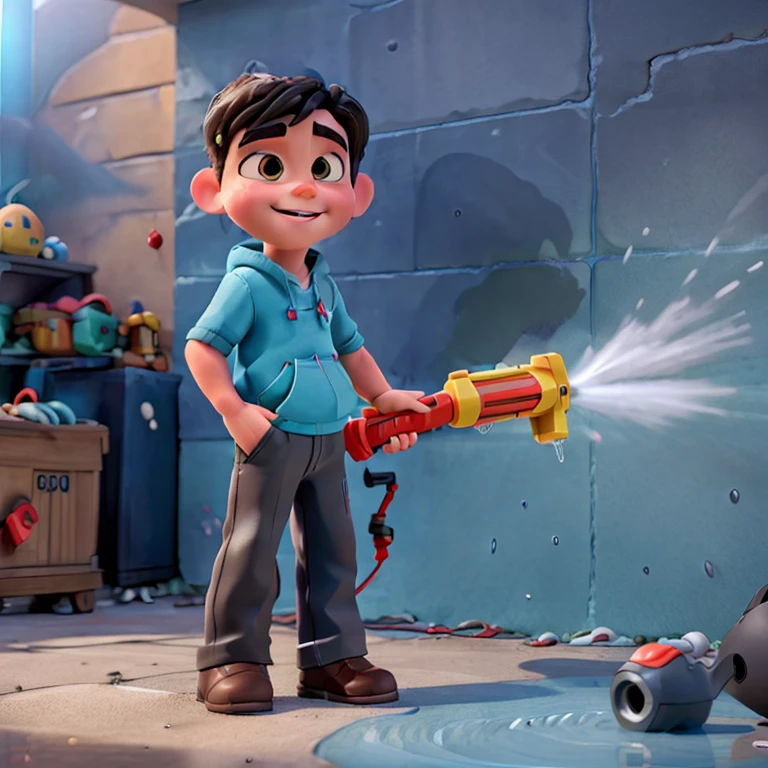 A boy sprays water on the wall with a water gun toy. Disney Pixar style, 3D, 4K.