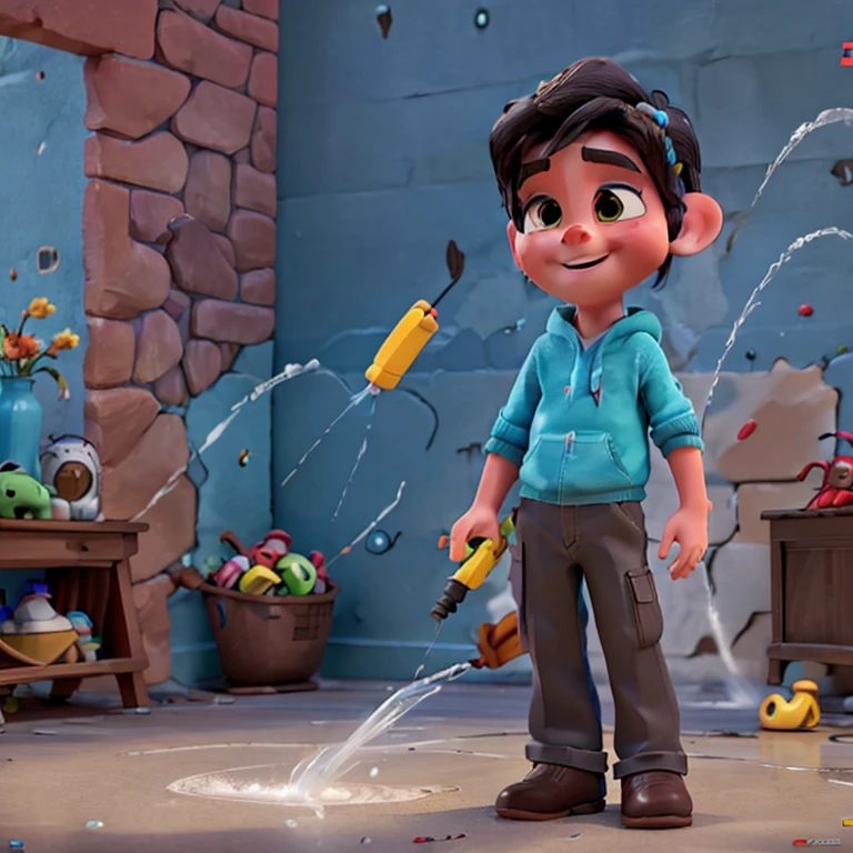 A boy sprays water on the wall with a water gun toy. Disney Pixar style, 3D, 4K.