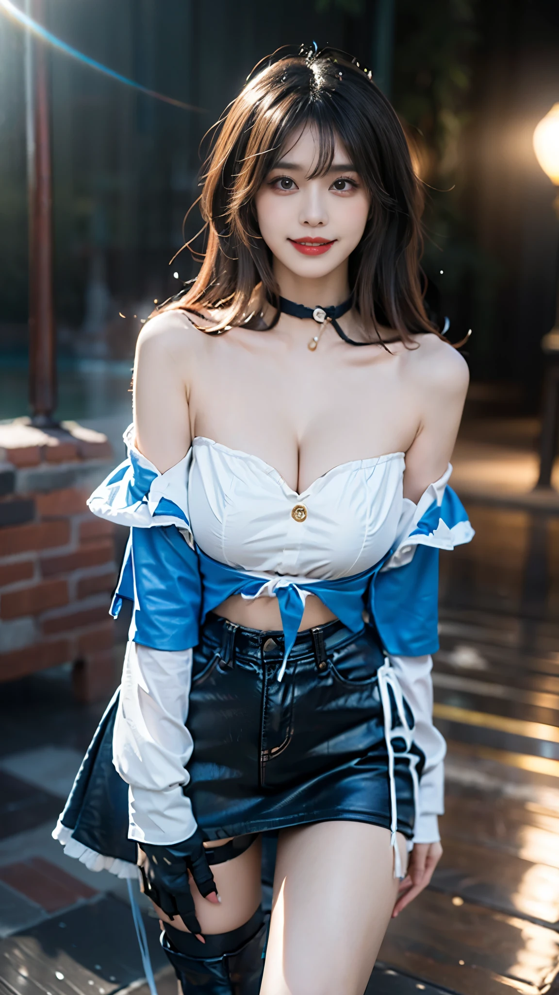 march7th cosplay costume, cosplay, skirt, clothes around waist, jacket, choker, ankle boots, high heel boots, fingerless gloves, thigh strap ((Full breasts)), ((Visible cleavage)), ((Sexy legs)), ((cowboy shot)), ((I-type Valley)), ((E-cup)),Practical, Fashion Girl, Red lips, Mature women, Exquisite makeup, big eyes, beautiful, (best quality, masterpiece:1.2), Extremely detailed, (Practical:1.37), ((Random Scenes, Random shooting angle)), ((Sexy long legs)), Young and energetic, Charming model, (Exquisite eyes, Delicate lips), Show a bright smile, Create stunning girl images, warm color, Extremely saturated colors, Official Art, Extremely detailed的 CG, Unity 8K wallpaper, (High Dynamic Range :1.4), (Movie atmosphere),(Soft colors), (Natural skin texture, ultra-Practical, Soft Light, sharp),(Very detailed), night, moonlight