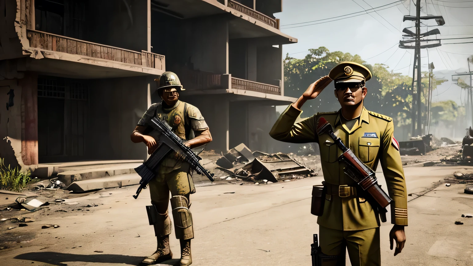 fallout, indonesia theme, post-apocalyptic, jakarta, nation, identic, vernacular, authentic, realistic, indonesia, fallout 4 style, a indonesian president saluting soldier
