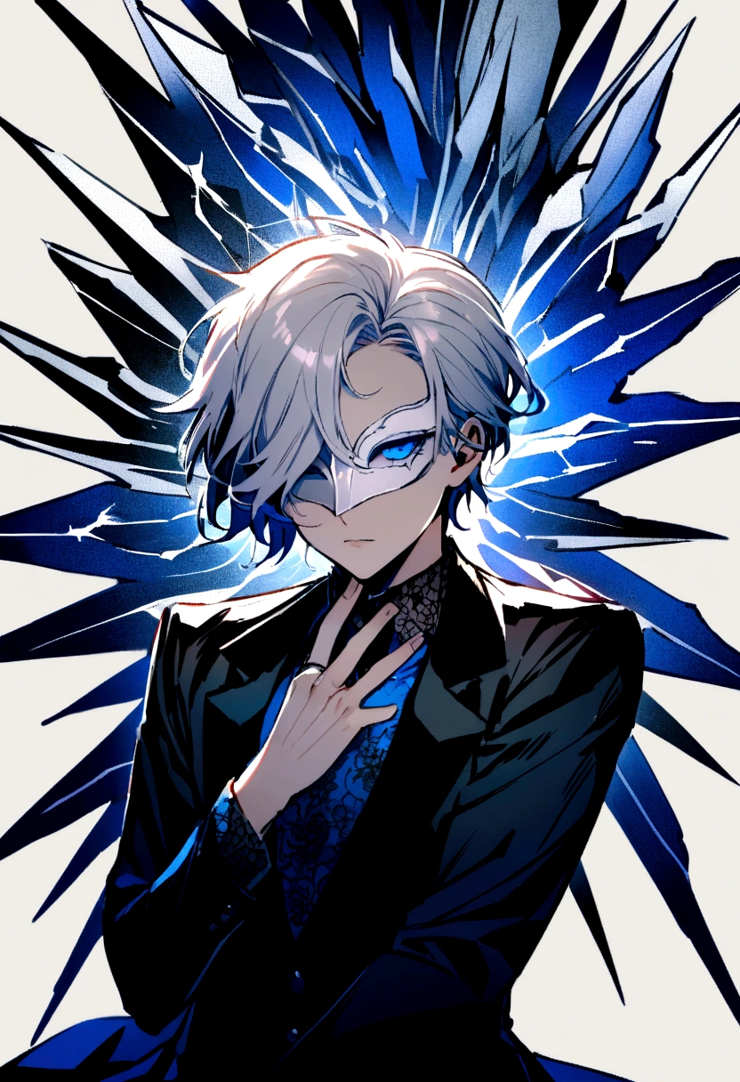 A young boy, donned in an elegant black suit reminiscent of classic mafia attire, occupies the scene's central focus. His silver hair gleams brightly, creating a striking contrast with his dark attire. A white mask cloaks his face, leaving only his eyes to pierce the darkness. These eyes are a mesmerizing shade of blue, shining brightly with an unwavering stern gaze. The background is a stark black and white pattern, adding a sense of intensity to the image.