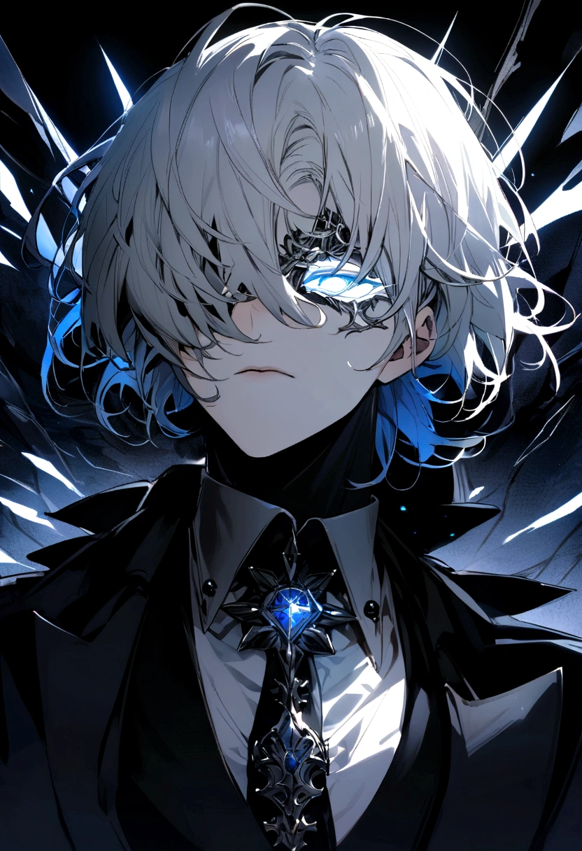 A young boy, donned in an elegant black suit reminiscent of classic mafia attire, occupies the scene's central focus. His silver hair gleams brightly, creating a striking contrast with his dark attire. A white mask cloaks his face, leaving only his eyes to pierce the darkness. These eyes are a mesmerizing shade of blue, shining brightly with an unwavering stern gaze. The background is a stark black and white pattern, adding a sense of intensity to the image.