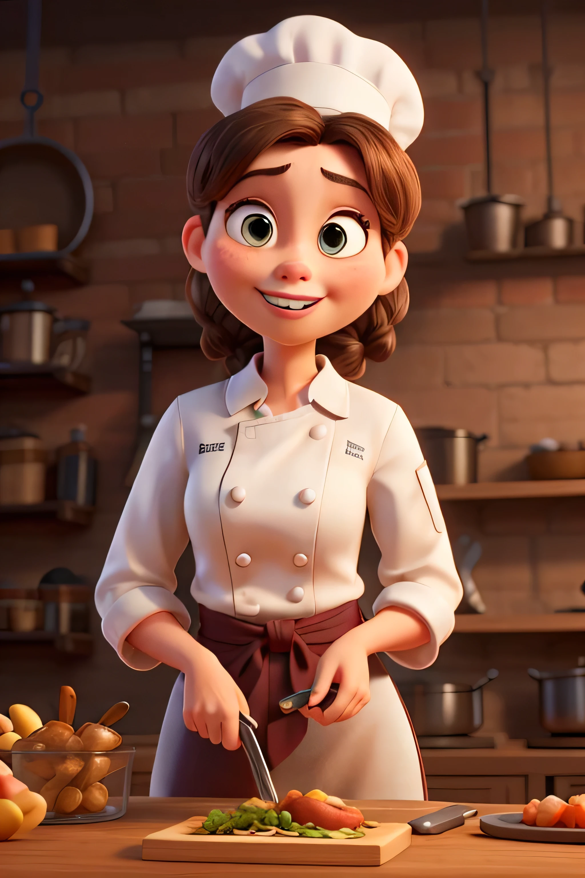 Create a Disney Pixar Poster. A woman chef, with hair tied up wearing a chef's bandana, with happy smile, small brown eyes. She wears small earrings. She is cutting vegetables inside a soup pot on a counter. She wears a white dress with a white apron. There are vegetables and seasonings on the table.
