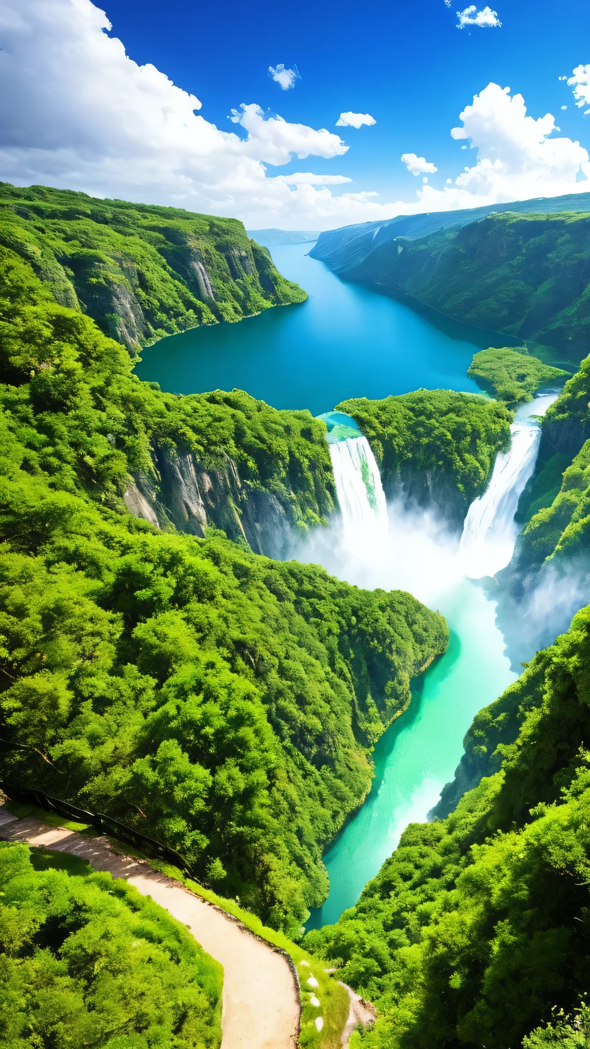 masterpiece, Ultimate quality, Cg unity 8k wallpaper, Ultra-delicate, Beautiful sky and clouds, Rich natural scenery, cliff, Lakes and rivers, Waterfalls and flying water, Beautiful green mountains, No one is seen, beautiful landscape, Won a photography competition, Background blur, Full depth, HDR High Dynamic Range, Real recovery, complex, Extreme details, Dramatic, Perfect presentation of the mid-course art style.