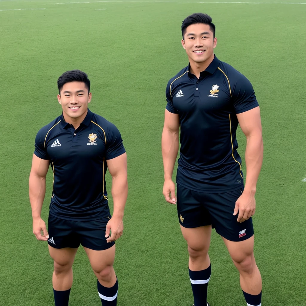 Picture of a handsome Asian rugby player with short hair, no beard, muscular body, big muscles, wearing a navy blue and black shirt, standing in the middle of the field.