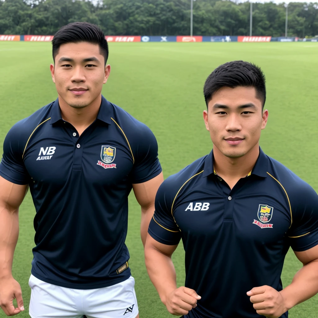 Picture of a handsome Asian rugby player with short hair, no beard, muscular body, big muscles, wearing a navy blue and black shirt, standing in the middle of the field.