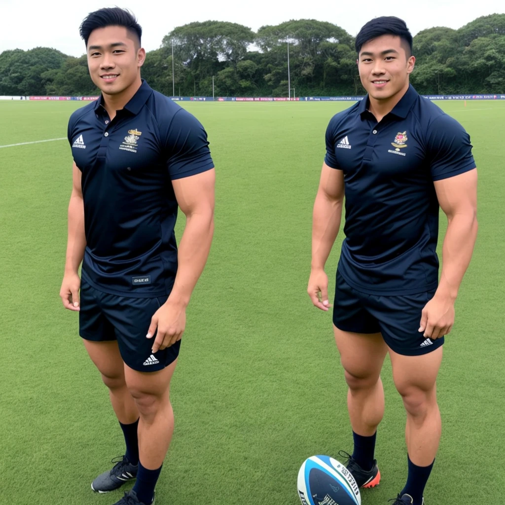 Picture of a handsome Asian rugby player with short hair, no beard, muscular body, big muscles, wearing a navy blue and black shirt, standing in the middle of the field.