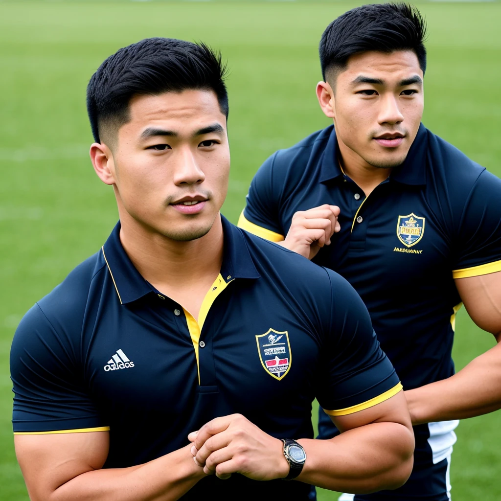 Picture of a handsome Asian rugby player with short hair, no beard, muscular body, big muscles, wearing a navy blue and black shirt, standing in the middle of the field.