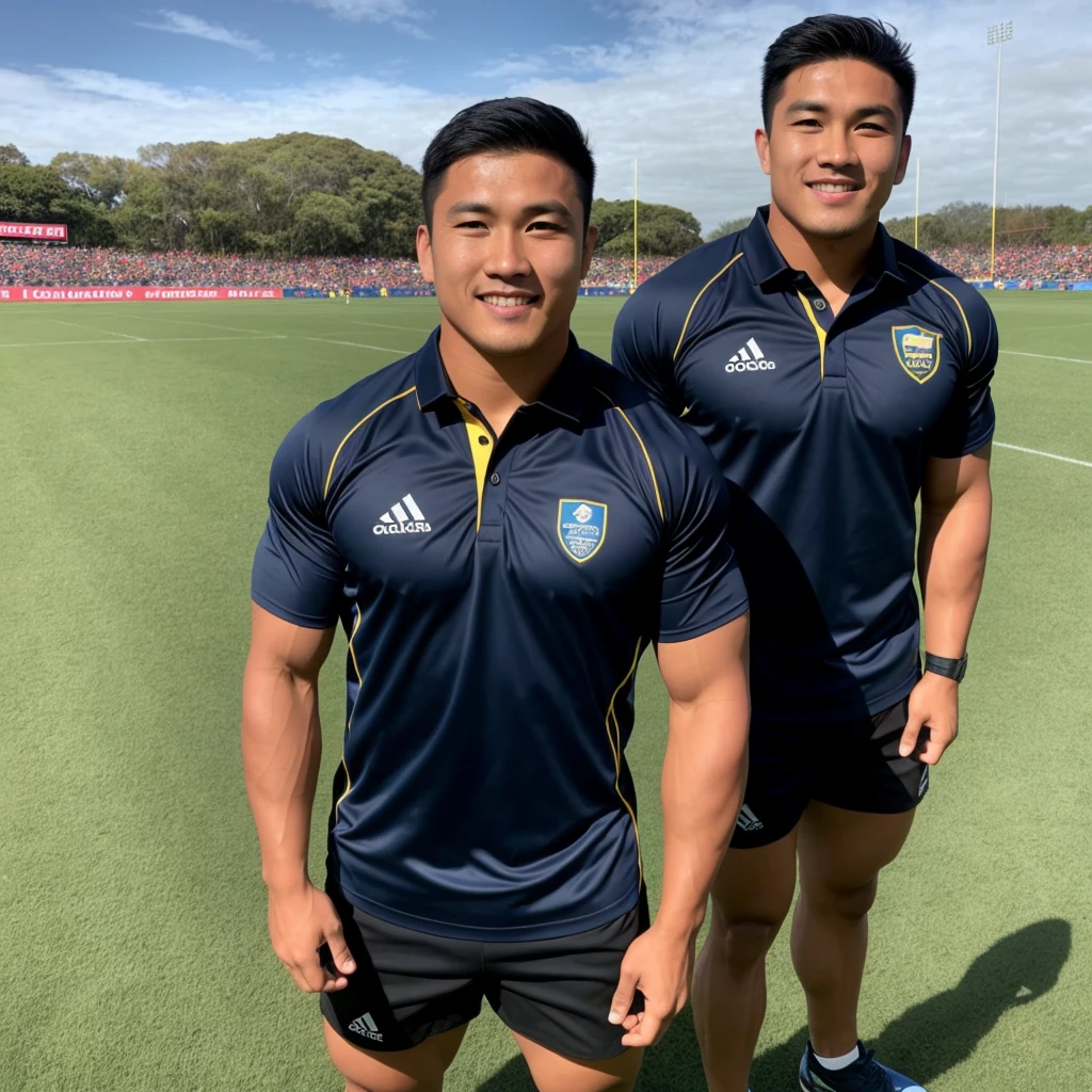 Picture of a handsome Asian rugby player with short hair, no beard, muscular body, big muscles, wearing a navy blue and black shirt, standing in the middle of the field.