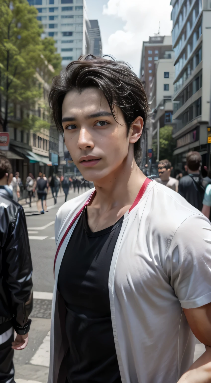 Photorealistic, 8K full-body poster, Handsome man, Japanese, 1 male, Serious expression, Sharp Eyes, Attractive look, Detailed facial details, muscle, Tokyo, summer, T-Shirts, Shibuya in the background