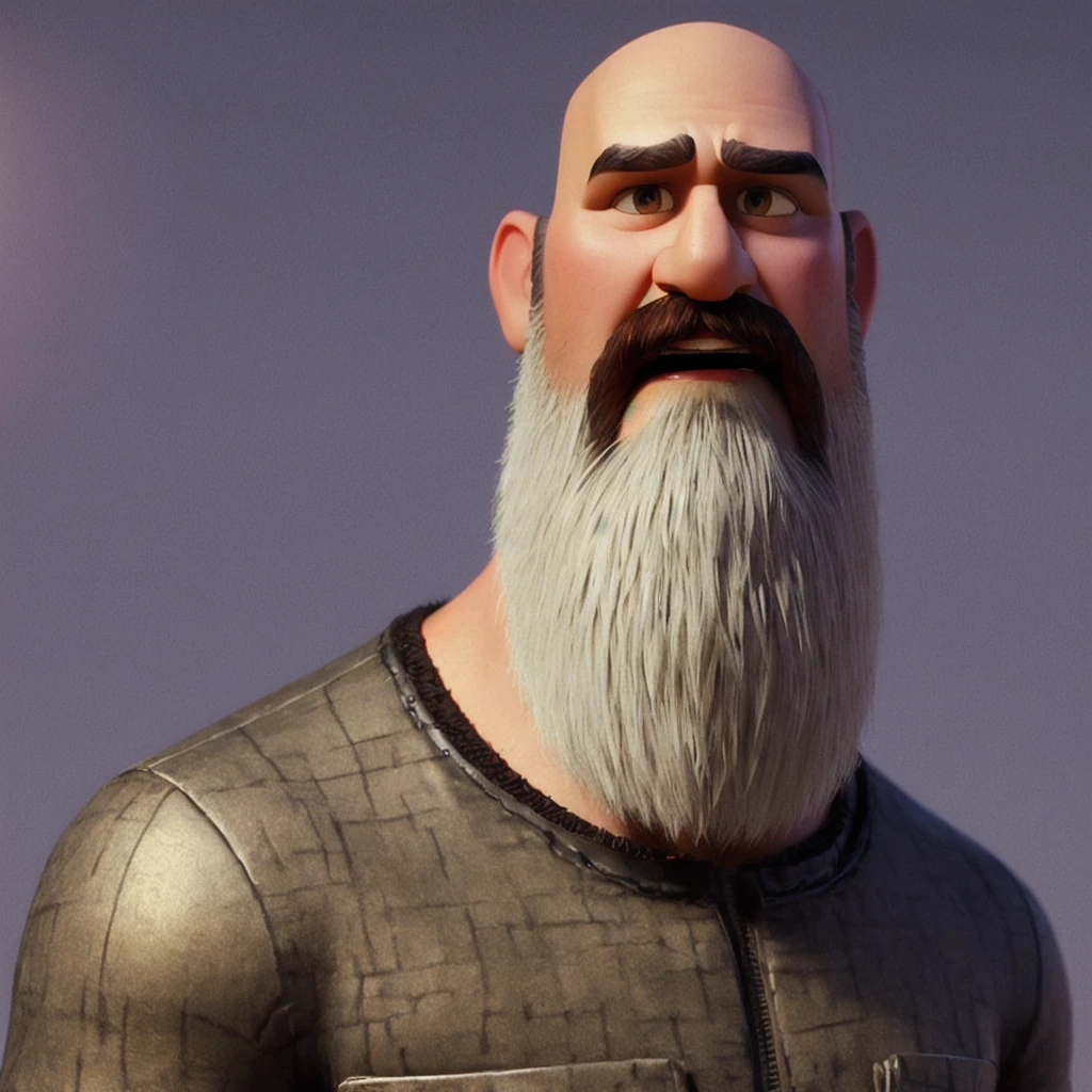 Bald headed bearded man, (pixar style) (masterpiece:1.2) (bokeh) (best quality) (detailed skin) (detailed texture) (8k) (claymation) (cinematic lighting) (sharp focus