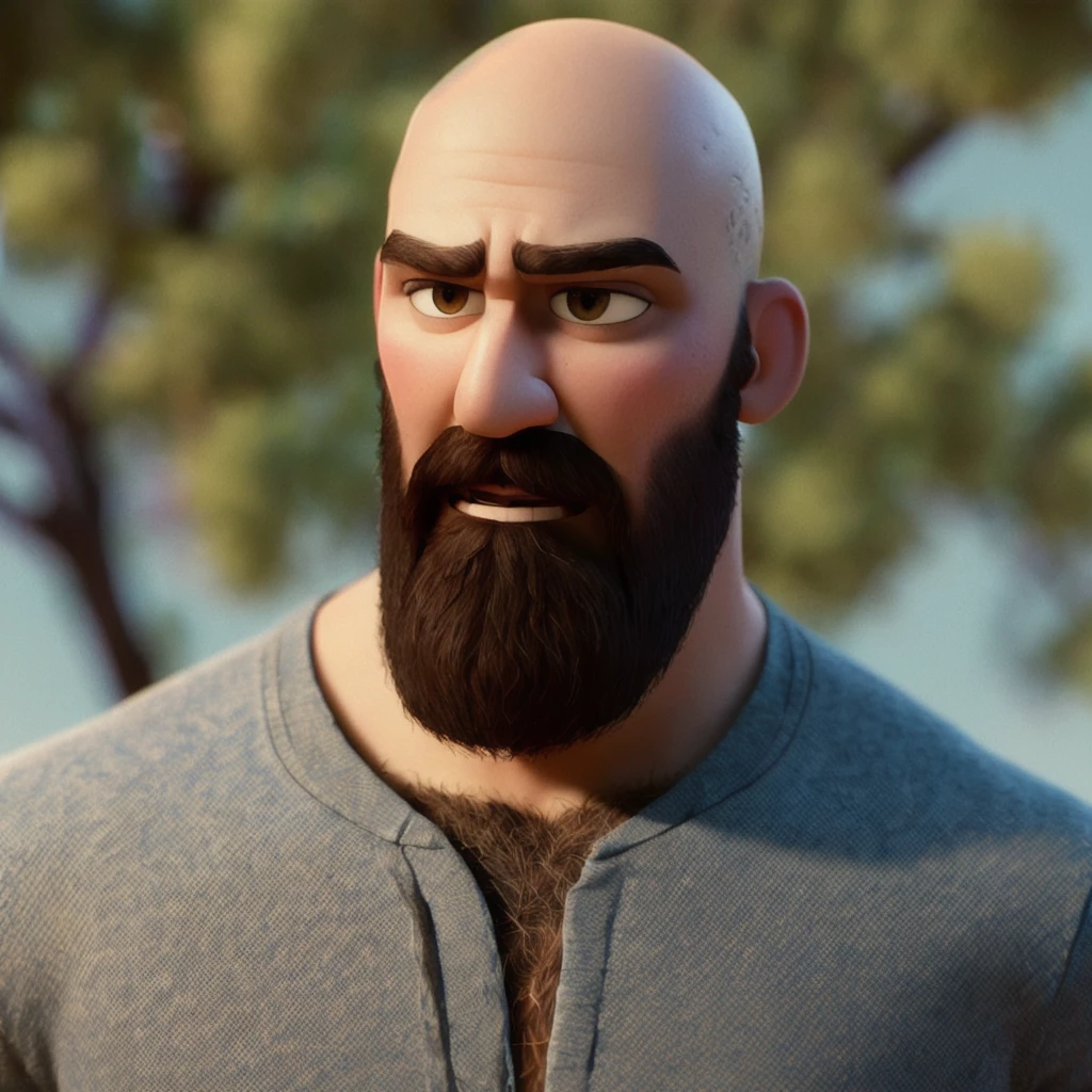 Bald headed bearded man, (pixar style) (masterpiece:1.2) (bokeh) (best quality) (detailed skin) (detailed texture) (8k) (claymation) (cinematic lighting) (sharp focus