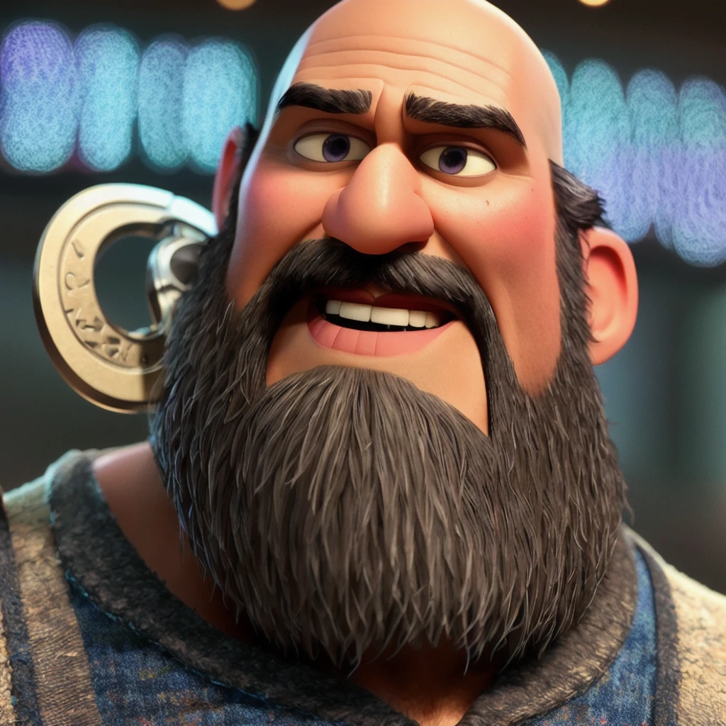 Bald headed bearded man, (pixar style) (masterpiece:1.2) (bokeh) (best quality) (detailed skin) (detailed texture) (8k) (claymation) (cinematic lighting) (sharp focus