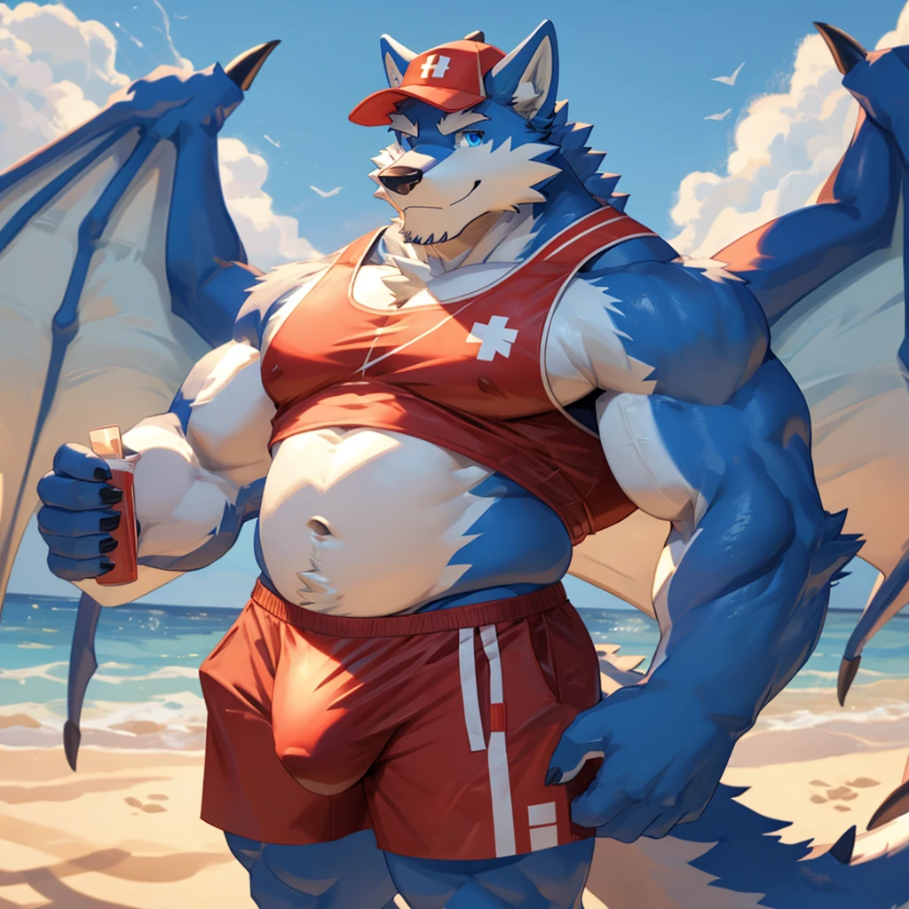 Masterpiece, Solo, Furry Light Blue Wolf, Light Blue Fur,Dark Blue Eyes, Dragon Wings, Bulking Body, Dad bod body, Cool Pose, Charming, Handsome, Life Guard outfit, wearing cap, big dick