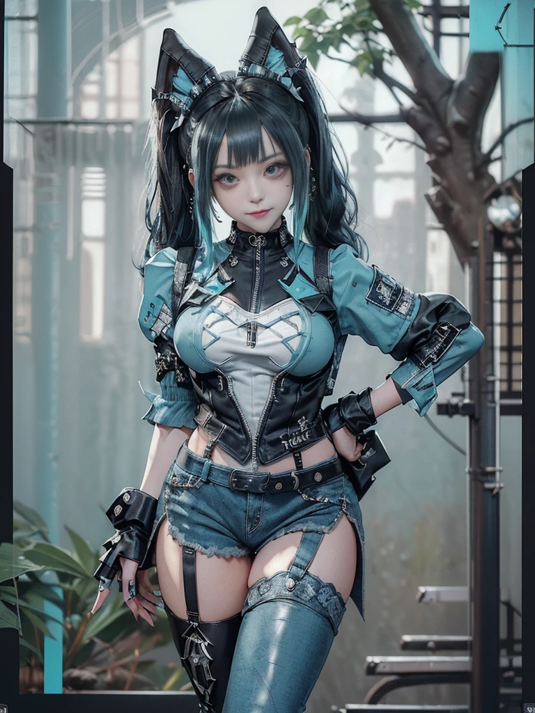 (Full body view:1.4)、(Full Body View:1.4)、(Side view:1.1)、(Smiling with teeth showing:1.3),(Shibuya Gal:1.5)、(Maid café clerk:1.5)、(Punk RockVisual Kei:1.4)、(Turquoise, navy and denim medieval noble zip up:1.5)、(Navy and white arm covers and bugle pants:1.5)、(Blue high heels:1.3)、(Wearing silver accessories:1.5)、(Dark brown collar:1.4)、(Leather garter belt:1.4)、(Brown Skin Belt:1.3)、(Black lace underwear:1.5)、20-year-old、NSFW、((Highest quality、In 8K、masterpiece:1.3))、Sharp focus:1.2、(Layered Cut、Huge boobs:1.1),Beautiful woman with perfect figure:1.4、(Doing an aerobics pose:1.3)、Slender Abs:1.2、Highly detailed face and skin texture、Detailed eyes、double eyelid,(Twin tails:1.3)、(Black Hair:1.3)、Gravure idol、(A fairytale-like cafe with a lush tree background:1.3)、(Slim body:1.3),(Make your legs thinner:1.4),(Thin, thin thighs:1.3)、(clavicle:1.1)