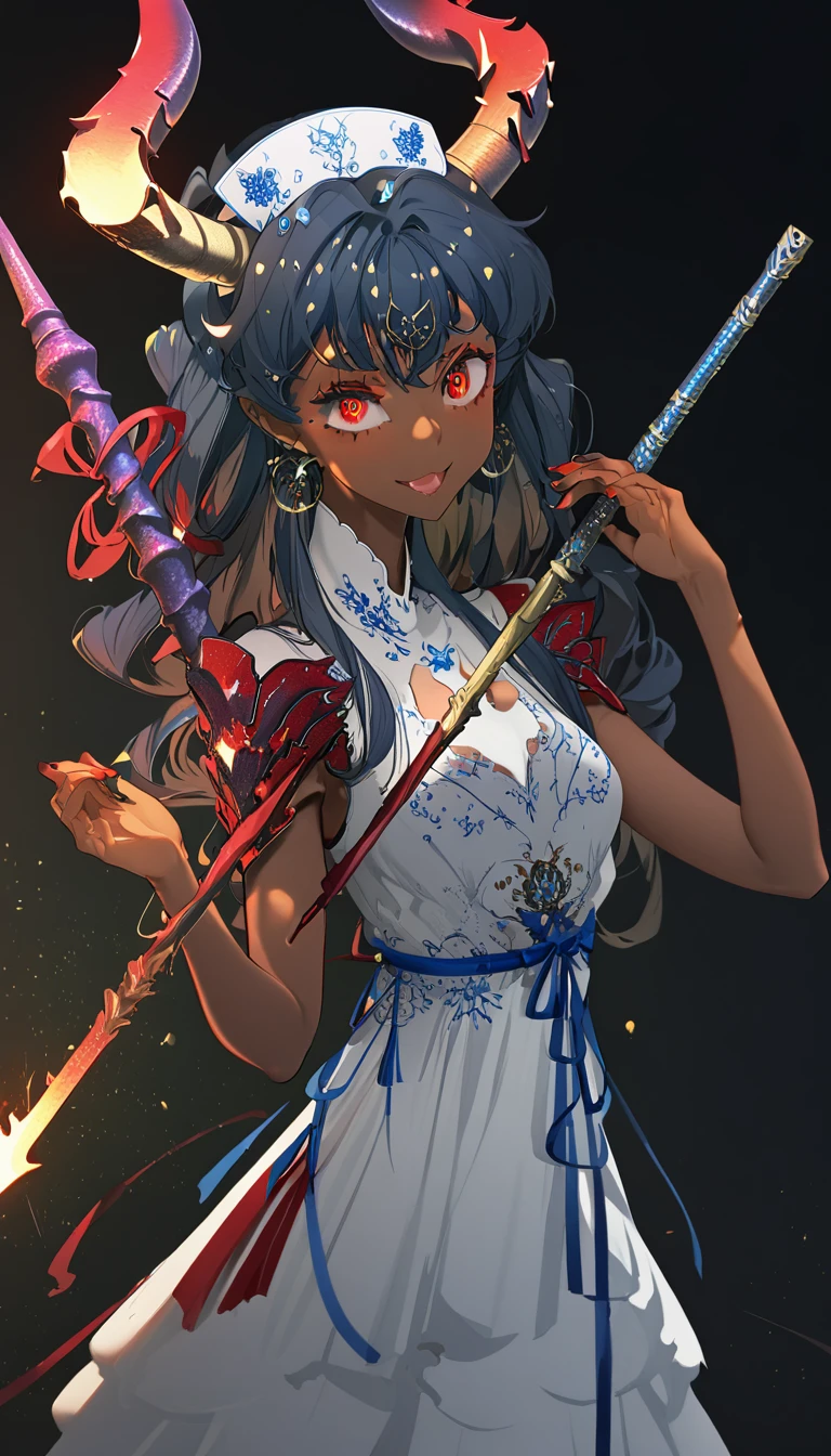 score_9, score_8_up, score_7_up, best quality ,masterpiece, 4k, Japanese anime, 1girl, (dark skin:1.2), navy blue hair, medium length hair, blue ribbon, drill hair, wavy hair, (mechanical dragonhorn:1.5), (mechanical wing:1.2), (eye lashes:1.3), (eye shadow:1.3), red eyes, (beautiful detailed eyes:1.4), laugh, 130cm tall, original character, fantasy, (blackbackground:1.2), (full body:1.8), beautiful fingers, standing, (red black lace frill armor dress:1.5), (mechanical headdress:1.5) , shoot from front, looking at viewer ,