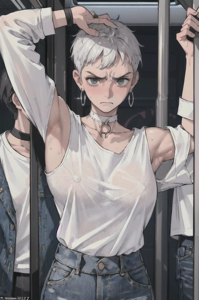 (masterpiece:1.2, best quality), (1lady, solo, upper body:1.2), Hair: buzz cut, Clothing: oversized, distressed denim jacket with patches and pins, paired with black skinny jeans and combat boots, Accessories: silver hoop earrings and a black choker necklace, ,holding on to the railing of the train,armpits, (presenting armpit:1.3),(looking away:1.4), (train interior:1.3),(crowded train:1.3),
upper body,(white shirts:1.5),
,alternate breast size, breast grab, (a boy,grabbing from behind:1.5)
,(frown:1.2), (embarrassed,blush:1.2),(Stunned face of despair:1.1),sweat,(angry:1.2)