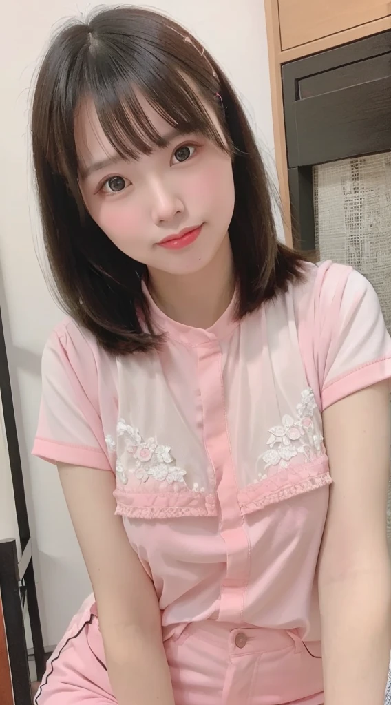 ((masterpiece, top quality, super definition, high definition)), solo, beautiful girl, shining eyes, perfect eyes, white skin, 14 years old, pink theme, sailor suit, after school, evening, laughing