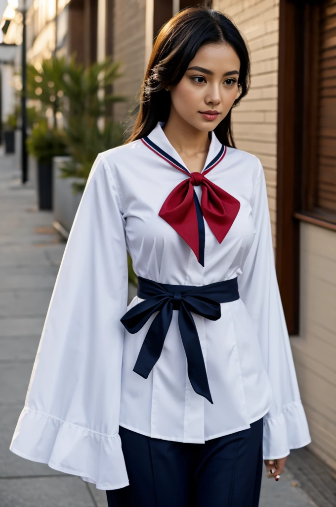 The  you were given was a sailor-fuku style set, the long-sleeved blouse was dark navy - almost black - with a blood red neckerchief that lay in between the white patterned sailor collar