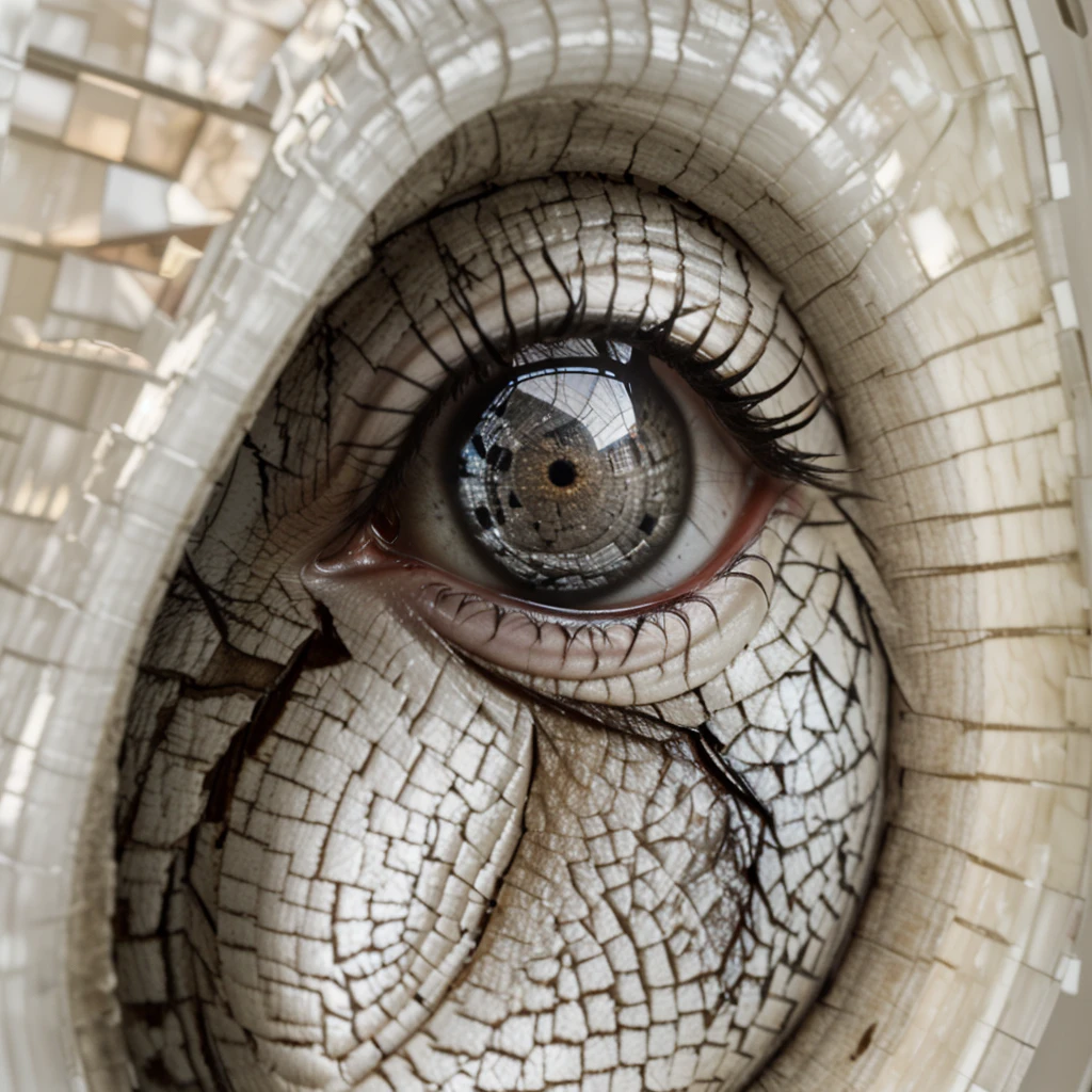 Hyper realistic image completely focused without blur of an eye made of small pieces of white marble with a reflection inside its pupil. The reflected image is of a man sitting in a chair inside a room and behind him a window that lets light into the room. The reflection is inspired by the work "Hand with a Reflecting Sphere" by artist M.C. ESCHER
