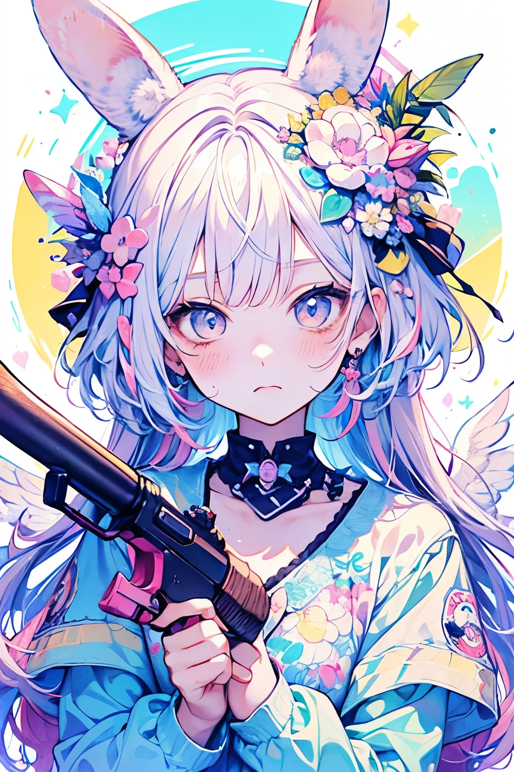 chibi character,Rabbit motif,(brush),((cute,kawaii,wonderland)),((pastel color)),((Cute assortment)),(Embarrassed blushing face),Shiny yellow hair,(Rainbow),((Angel:1.2)),((Gun2Head Pose:1.25)),