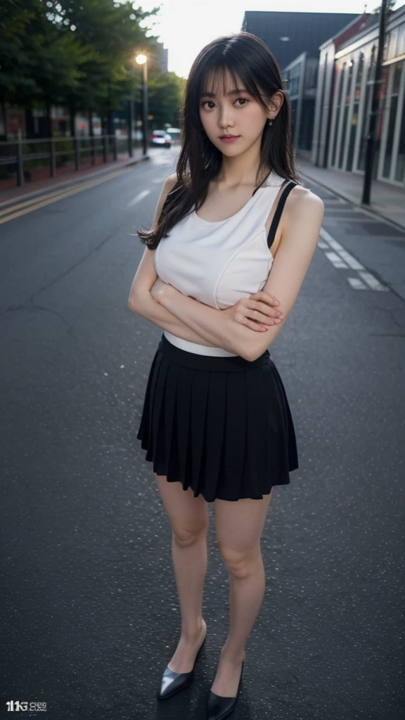 21 years old female, long hair, RAW photo, bokeh (realism: 1.4, realistic), high detail CG unified 8K wallpaper, 1girl, ((slim body)), ((skinny)), ((natural big breast:1.3)), back to viewer, ((direct view from the front)), (HQ skin: 1.4), 8k uhd, dslr, soft light, high quality, film grain, Fujifilm XT3, ((knit tank top, black short skirt)), ((outdoor, at park))) jangjoo, portrait,((Layered medium Haircut, black hire)),(looking at viewer:1.4),(Full body:1.7), (((height:162cm))), (((crossed arms))), (((draw perfect hands and finger)))