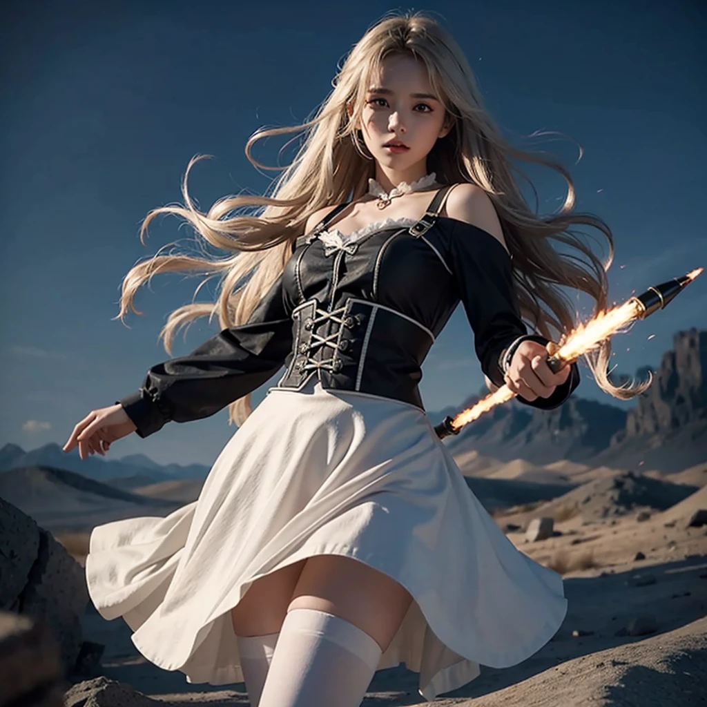On the battlefield of the storm, A woman dressed in a Lolita costume wields a weapon infused with the power of the fire element.( Lightning danced beside her), Echoing the strength of her determination,Because she embodies the power of the forces of nature in battle.offcial art, 8k wallpaper, Ultra detailed, Beautiful and aesthetic, Beautiful, Masterpiece, Best quality,(Focus on thighs up),Clear face,Eyes detailed,(Wind,Fluttering strands of hair,Flowing skirt),