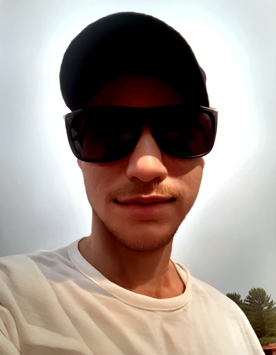 There's a man wearing sunglasses, hat and white shirt, wearing sunglasses and cap, about 19 years old, 8k selfie photograph, 23 year old, 27 years old, 24 years old, cool guy, with sunglasses, 28 years old, em tempo ensolarado, with sunglasseses, very low quality image, 22 years old
