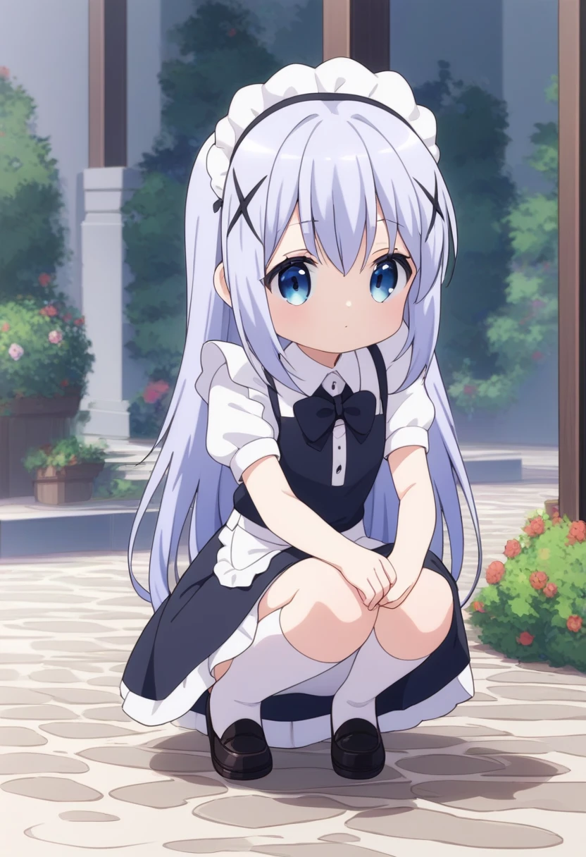 Score_9, Score_8_up, Score_7_up, Score_6_up, Score_5_up, Score_4_up, source_anime, 1girl, nsfw, maid, Kafu Chino, squatting, chibi