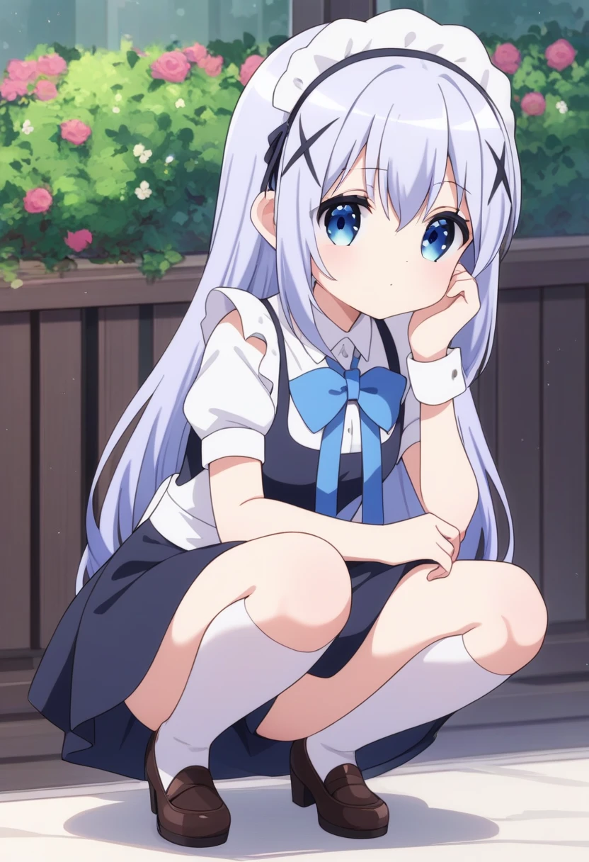 Score_9, Score_8_up, Score_7_up, Score_6_up, Score_5_up, Score_4_up, source_anime, 1girl, nsfw, maid, Kafu Chino, squatting, chibi