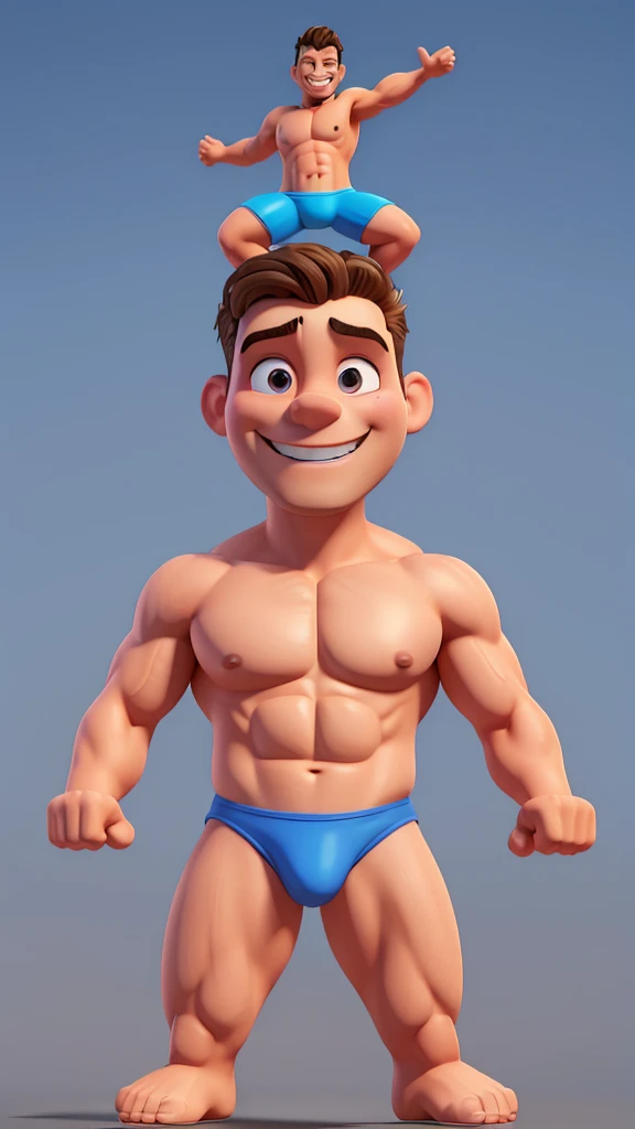 Create 3D men wearing speedos, musculosos, Grinning, highs, thick-thighs