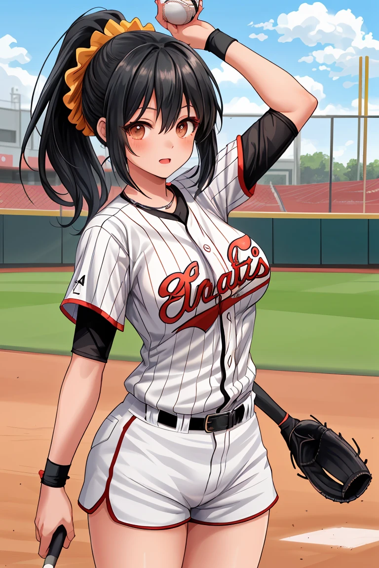 beautiful girl Baseball club Beautiful breasts Black Hair ponytail Scrunchie pitcher baseball Ground Shorts