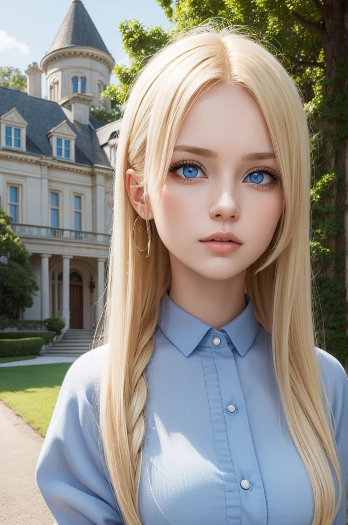 make a woman with blonde hair, blue eyes in front of a giant mansion background